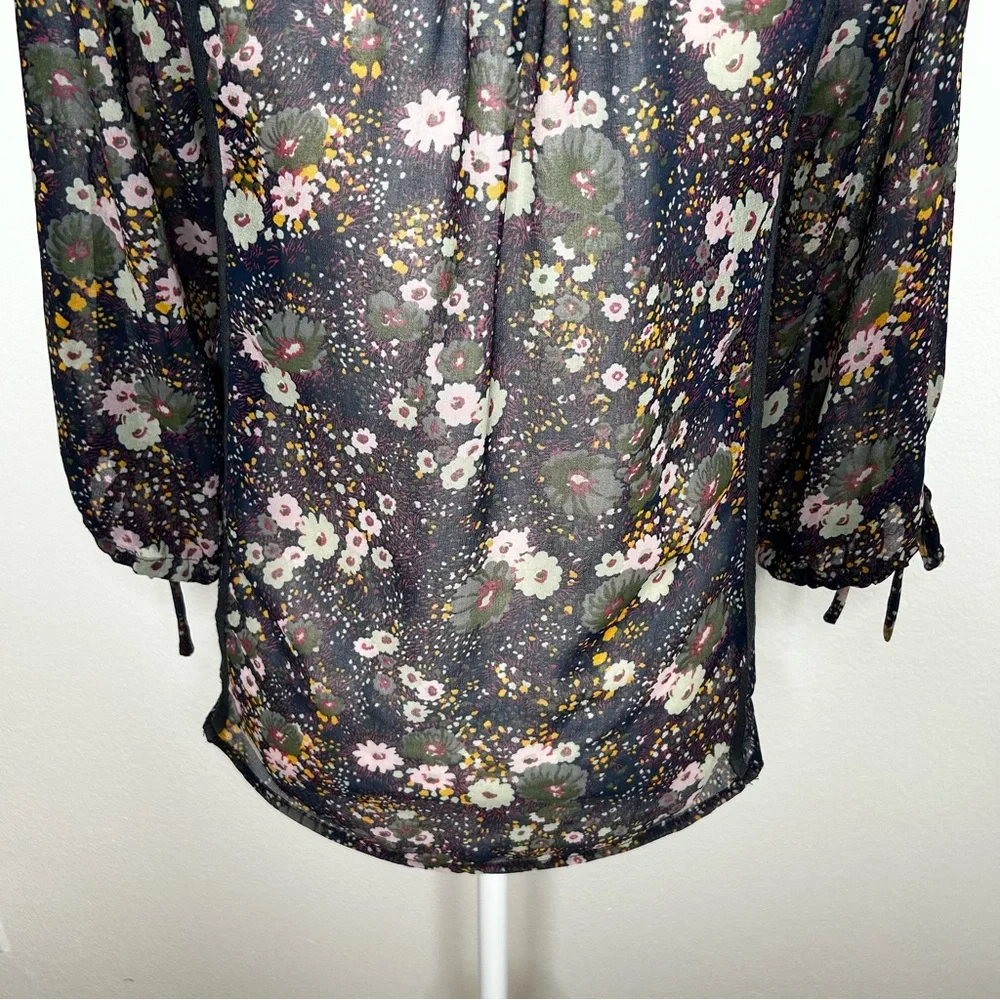 ZARA Womens Navy Blue Floral Chiffon Front Tie Top Balloon Sleeve Size XS/ S - Picture 9 of 10